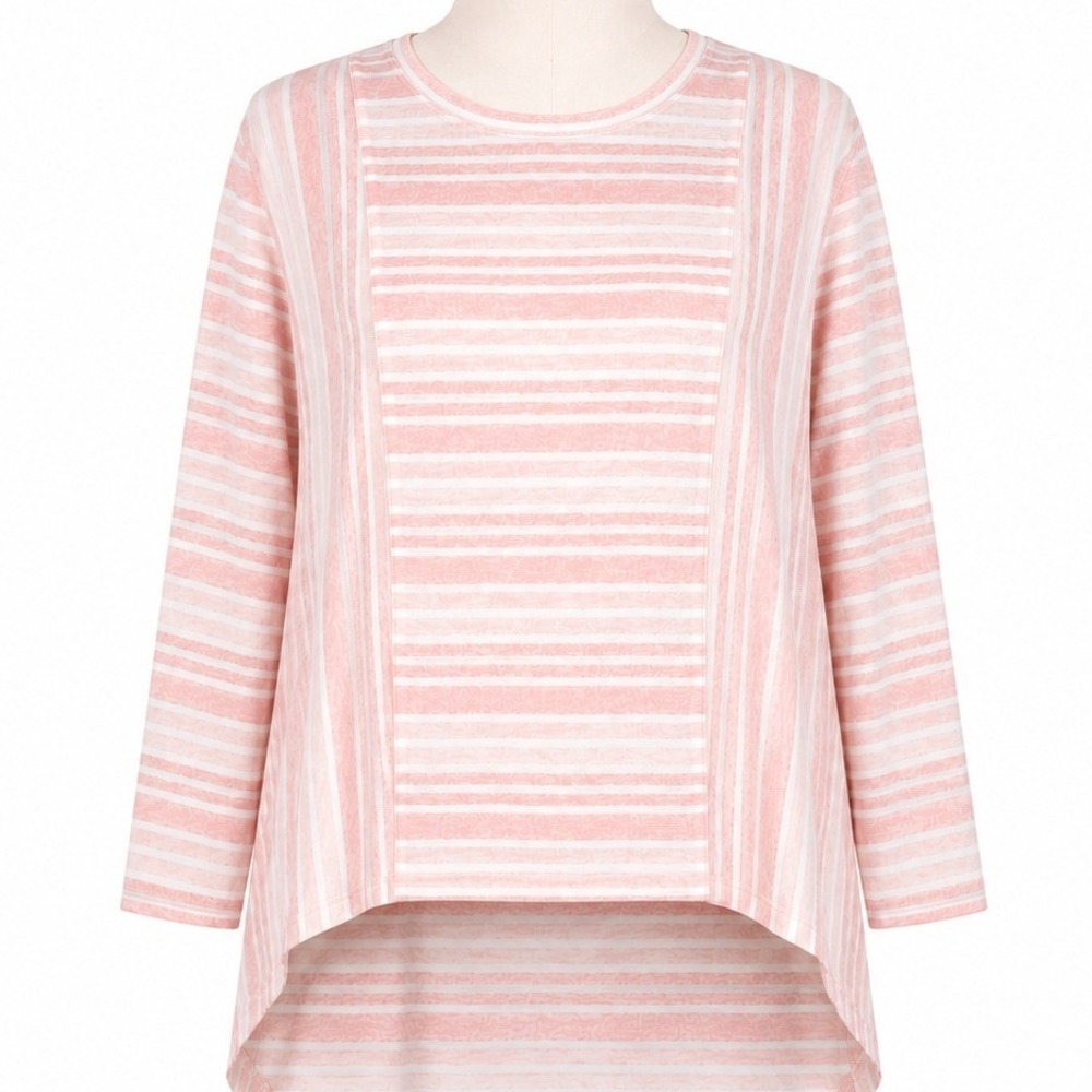 Jones New York Top Women Medium Pink White Striped High Low Long Sleeve Knit Tee